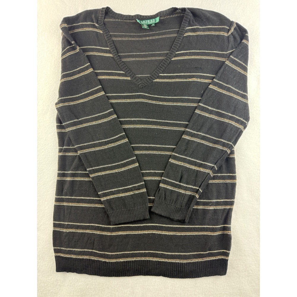 LAUREN Ralph Lauren Black Striped V Neck 100% Silk Sweater Women's‎ Medium